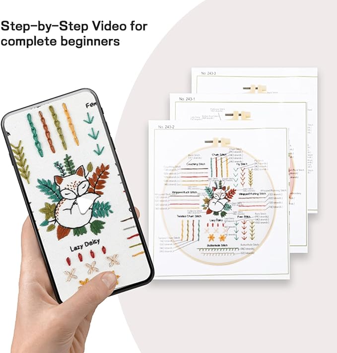 JOINRUN 4 Pack Beginner Embroidery Kit for Adults, Learn Stitches with Pre-Stamped Patterns, Step-by-Step Guide & Video, 7.8" Hoop, Threads & Needles, DIY Needlework Craft Gift for Women