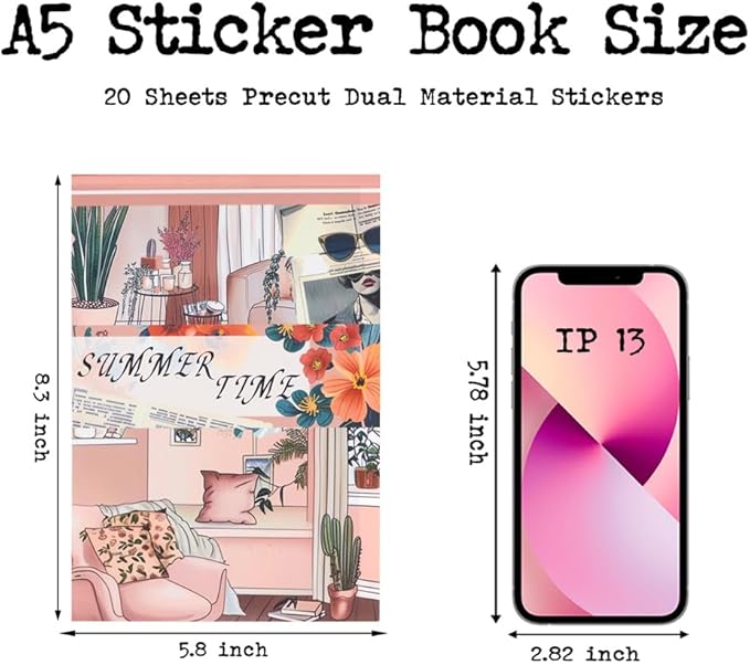 Dwpetzo Vintage Summer Landscape Pre-Cut Sticker Book for Junk Journaling, Dual Transparent PET and Writing Paper Materials, Collage Stickers for Scrapbooking Supplies, Planner, Card Making, Bujo