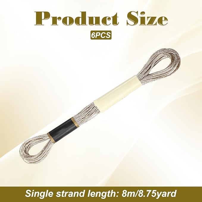 6 Skeins Metallic Embroidery Floss, Light Gold Embroidery Thread Cross-Stitch Threads for DIY Crafts