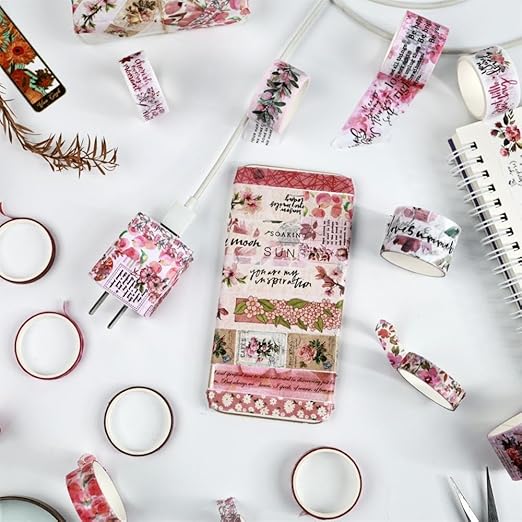 Washi Tape Set, 20 Rolls, Floral Washi Tape for Journaling, Decorative Tape for Scrapbooking, Junk Journal Supplies, Bullet Journaling, 5 Assorted Widths
