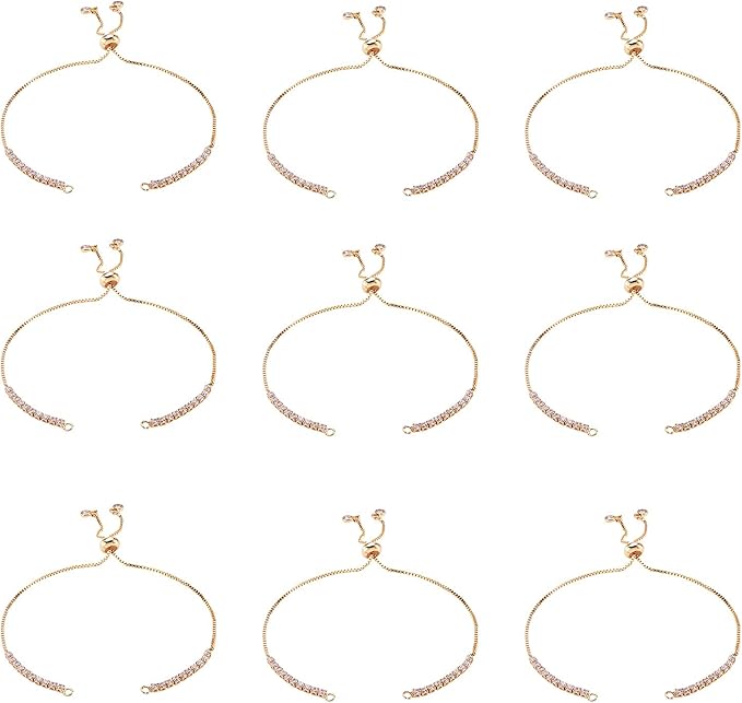 FASHEWELRY 10 Strands Adjustable Brass Bracelet Slider Extender Chains Micro Pave with Cubic Zirconia Ends 11"(280mm) Golden Plated for DIY Jewelry Making