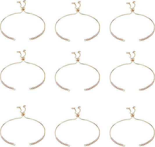 FASHEWELRY 10 Strands Adjustable Brass Bracelet Slider Extender Chains Micro Pave with Cubic Zirconia Ends 11"(280mm) Golden Plated for DIY Jewelry Making