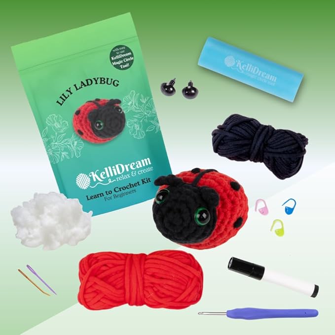 KelliDream Magic Circle Tool Inclusive Learn to Crochet Kit for Beginners; Step-by-Step Video Tutorials; All Supplies to Make Cute Amigurumi (Ladybug)