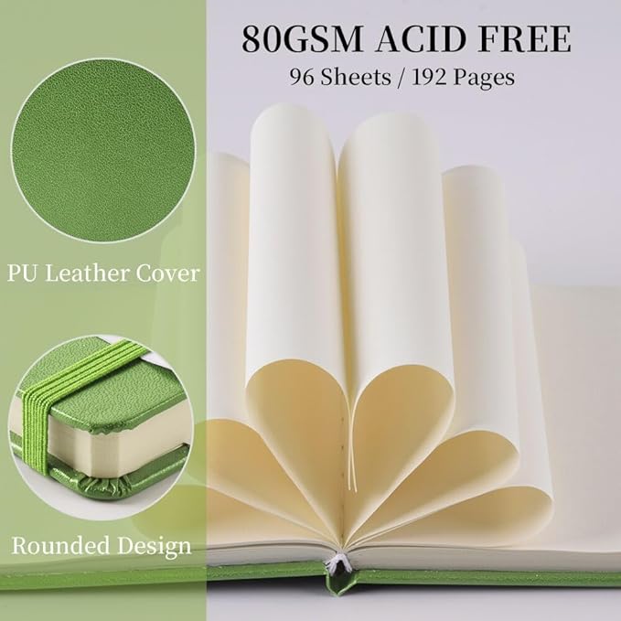 E-WEICHEN Square 5x5 inches 80gsm 96sheets/192 Pages Notebooks Blank Sketchbooks Travel Journal Pocket Hardcover Paint Writing Diary Memo Planner PU Leather Cover. Green
