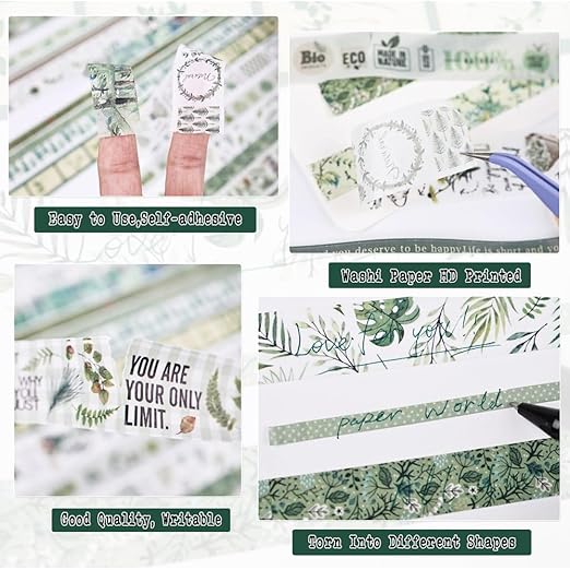 Washi Tape Set, 20 Rolls, Plant Botanical Green Washi Tape for Journaling, Decorative Tape for Scrapbooking, Junk Journal Supplies, Bullet Journaling