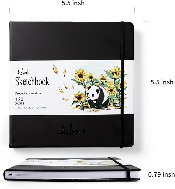 ALKALO Square Sketchbook for Drawing, 120 Pages Sketch Book, 122LB/180GSM Thick Paper, Mixed Media Sketchbook for Charcoal Pencil, Inks Pen, Colored Pencil, Acrylic Marker, Oil Pastel