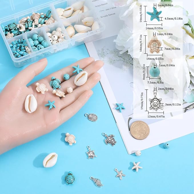 SUNNYCLUE 1 Box 12 Styles Turtle Beads Boho Style Starfish Beads Bulk Blue White Synthetic Turquoise Sea Turtles Charms Hawaii Shell Round Loose Spacers for Jewelry Making Beading Kits