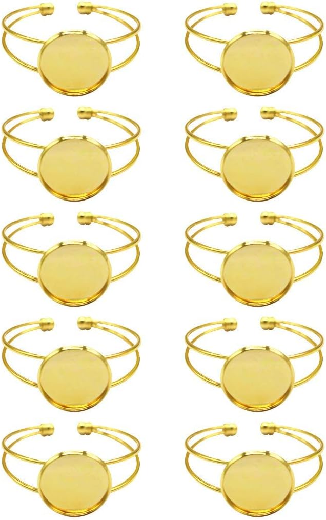 MIAO JIN 10 Pcs 25 mm Adjustable Round Cabochon Bezel Tray Blank Bangle for Crafting DIY Bracelets Making(Gold)