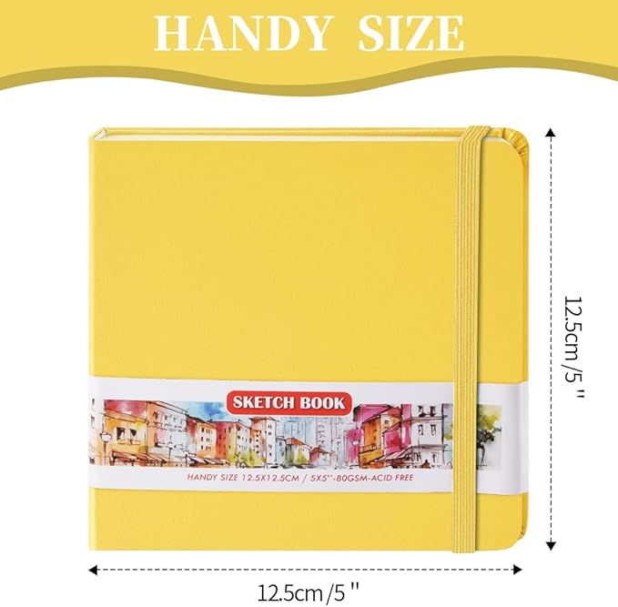 Square 5x5 inches 80gsm 96sheets/192 Pages Notebooks Blank Sketchbooks Travel Journal Pocket Hardcover Paint Writing Diary Memo Planner PU Leather Cover. Yellow
