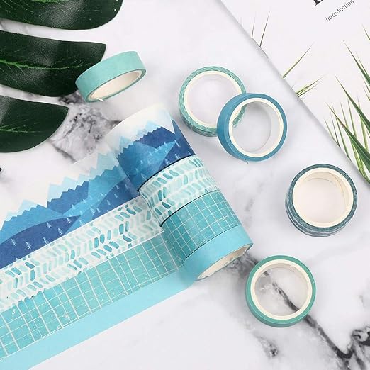 CCINEE 12 Rolls Washi Tape Set,Blue Decorative Masking Tape Assortment for Planner Bullet Journal Scrapbooking Craft Supply