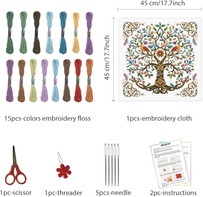 FREEBLOSS 11CT Tree of Life Printed Cross Stitch Kits Stamped Embroidery Kits with Instruction Wall Hanging Kit for Needlepoint Adults Wall Art Decoration 18x18in/45x45cm