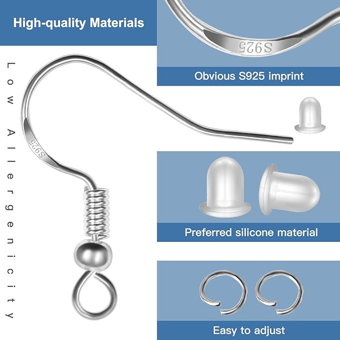 925 sterling silver earring hooks, 600pcs earring making kit 200pcs/100pairs hypoallergenic ear wires with 200pcs silver open jump rings and 200pcs rubber backs earring backs for jewelry making