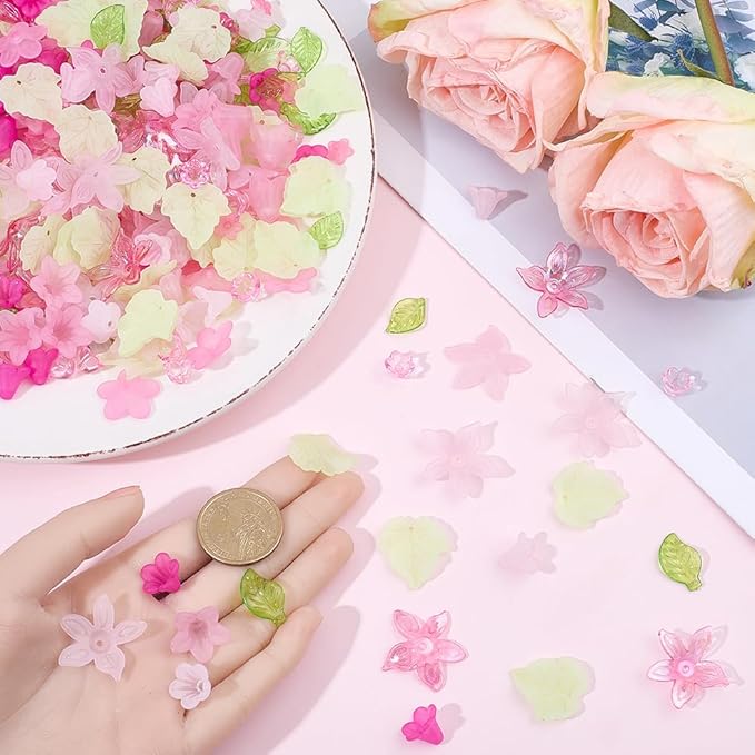 500Pcs Acrylic DIY Flower Leaf Beads Kits Including Assorted Pink Flower Loose Beads Maple Leaf Pendants Charms Acrylic Floral Caps for Earring Bracelet Necklace Craft Jewelry Making