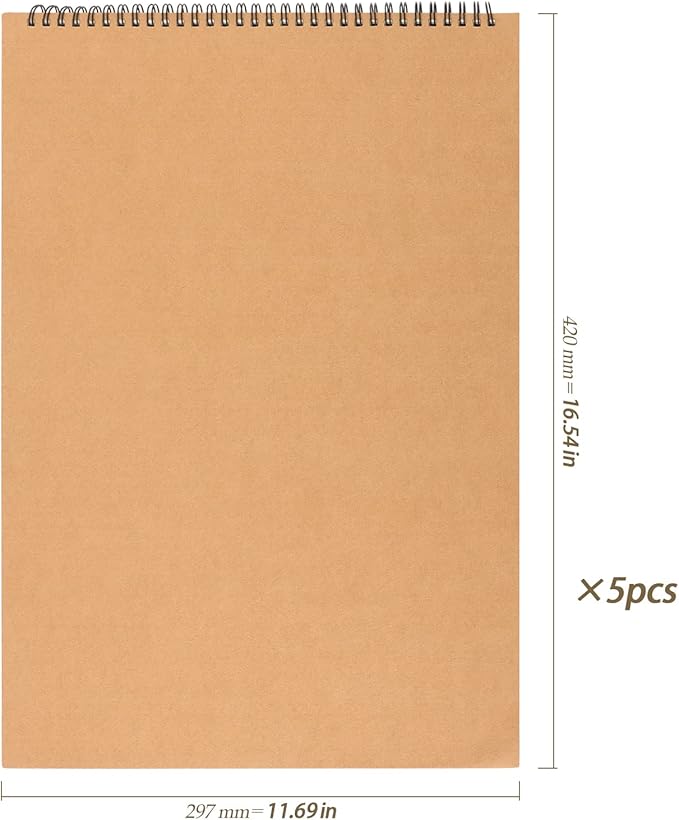HEIHAK 5 Pack A3 16.5 x 11.6 Inch Sketch Notebooks, 60 Pages 30 Sheets Top Spiral Bound Pocket Sketchbooks, Spiral Notepads Sketch Pads Bulk for Kids Drawing, Sketching, Painting, Writing