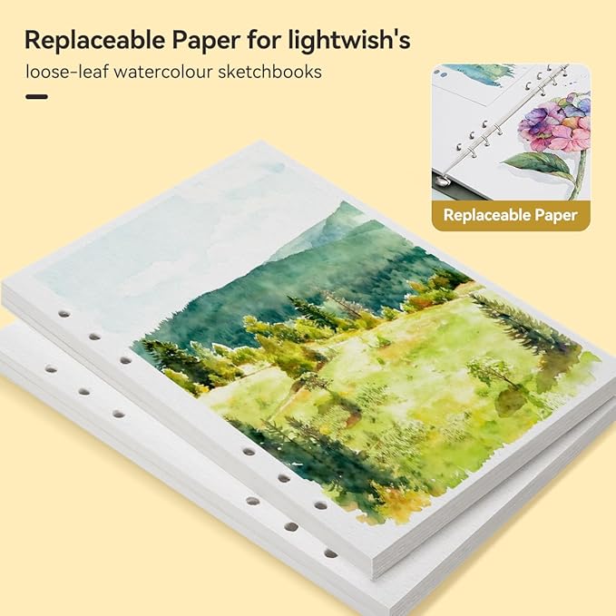 Lightwish Watercolor Paper Bulk, 100% Cotton Rough 300gsm/140lb, 2 Pack, Total 40 Sheets A5 Hole-Punched Replaceable Paper for Artists, Adults,Students,5.5 * 8.2 Inches