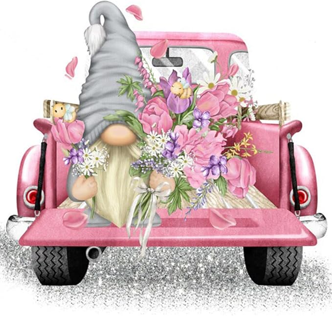 Tiwabb Stamped Cross Stitch Kits,Gnome Truck Flower Cross Stitch Kits for Adults Beginners,Full Range of Cross-Stitch Stamped Kits Needlecrafts for Home Wall Decor Cross Stitch Patterns 13.8x13.8inch
