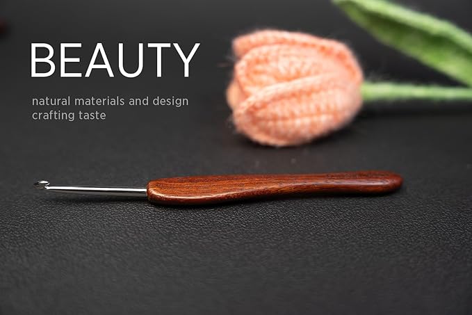 SEVENSUN Mimosa 1.6mm Single Crochet Hook, Available in 0.6mm-6.5mm, Ergonomic Hand Polished Stainless Steel Inline Pointy Wood Handle Crochet Hook for Arthritic Hands