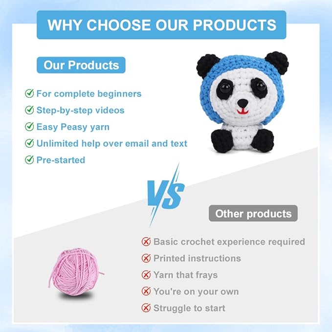 Autglint Panda Crochet Kit for Beginners, Learn to Crochet Starter Kit with Pre-Started Yarn & Easy-to-Follow Video Tutorials, DIY Amigurumi Animal Kit for Adults Kids Gift