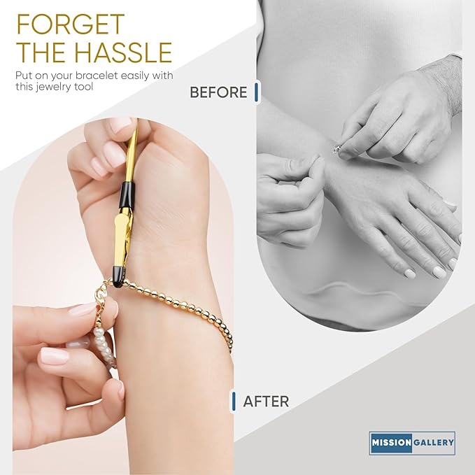 Mission Gallery Bracelet Helper Tool - Fastener Helper Tool for Bracelet, Necklace, Jewelry, Watch - Clip, Clasp Helper - Easy to Put on Yourself, Portable, Made of Metal, Gold