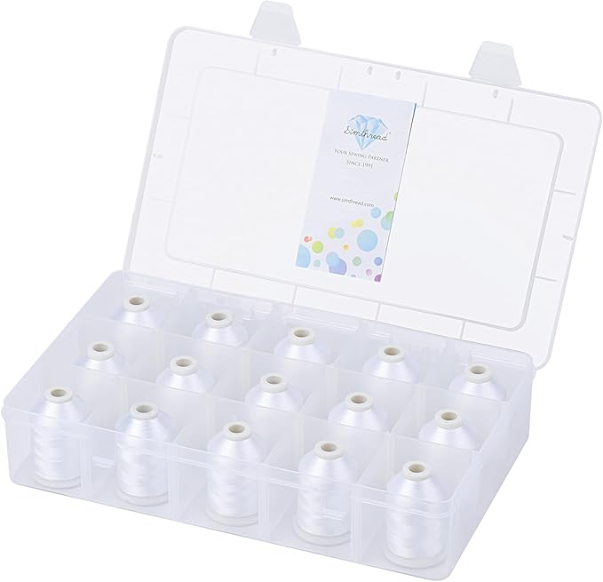 [Box-Upgraded] Simthread Machine Embroidery Thread 1000M White 001, with Storage Box Polyester 15 Spools Set for Embroidery Quilting Machine