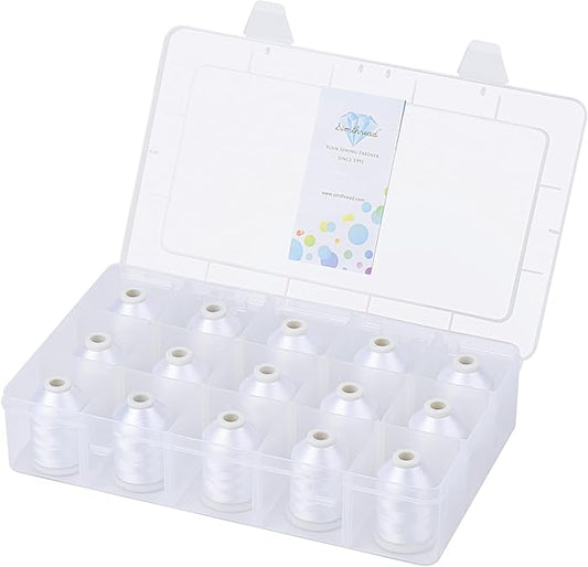 [Box-Upgraded] Simthread Machine Embroidery Thread 1000M White 001, with Storage Box Polyester 15 Spools Set for Embroidery Quilting Machine
