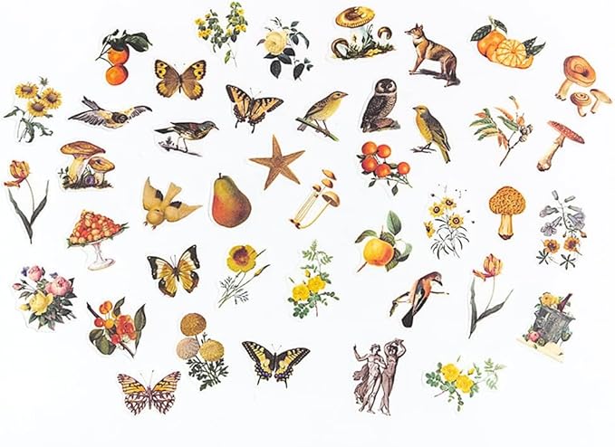 Alideco 200pcs Vintage Scrapbook Stickers Kawaii Fairy Scrapbooking Paper Washi Junk Journaling Supplies Collage Album Aesthetic Cottagecore Picture Frames(Plant Butterfly)