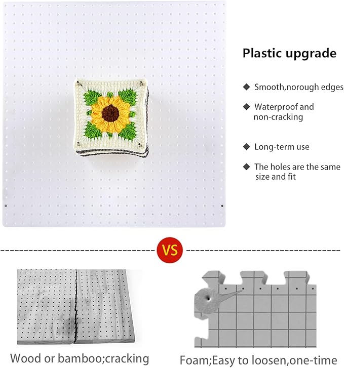 13’’Crochet Blocking Board with 20 Pegs/Pins Granny Square Blocking Boards for Crochet Projects,Plastic Waterproof Crochet Peg Blocking Board Gift for Crocheters and Beginners