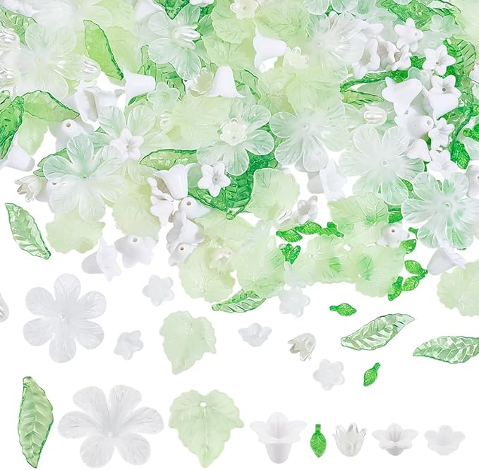NBEADS 300 Pcs Acrylic Assorted Beads Kit, 1-2mm Hole Acrylic Flower and Leaf Beads DIY Jewelry Beads Caps ABS Plastic Pearl Beads for Bracelet Necklace Jewelry Making, Green