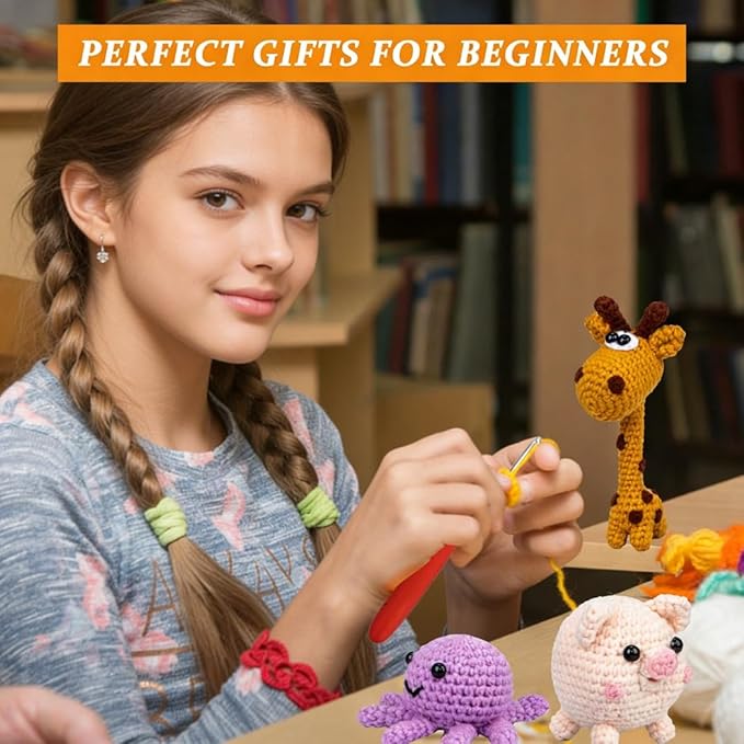 Crochet Animal Kit – 6 PCS Crochet Kit for Beginners, Knitting Kit with Step by Step Videos, Yarn, Crochet Hook, Knitting Kit for Beginners, Great Birthday Holiday Gift (Crochet 1)