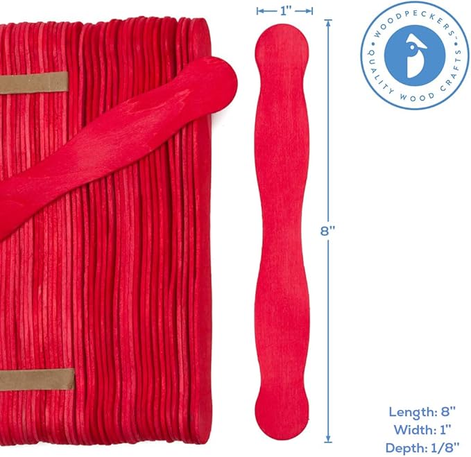 Wooden Red 8" Fan Handles, Wedding Programs, Paint Mixing, Pack 75, Jumbo Craft Popsicle Sticks for Auction Bid Paddles, Wooden Wavy Flat Stems for Any DIY Crafting Supplies Kit, by Woodpeckers