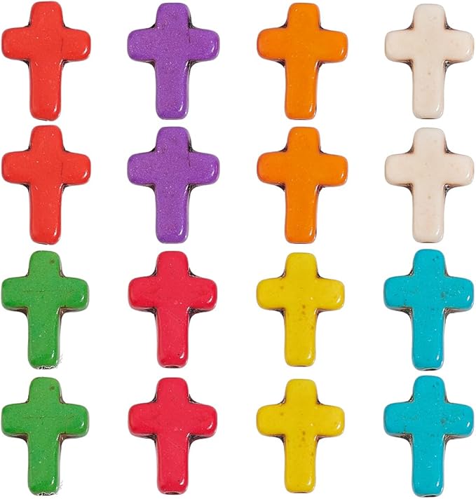 SUNNYCLUE 1 Box 100Pcs Cross Beads Bulk Small Easter Cross Beads Synthetic Magnesite Stone Crucifix Crosses White Red Blue Pocket Quilts Crucifix Charms for Jewelry Making Beading Kit Supplies