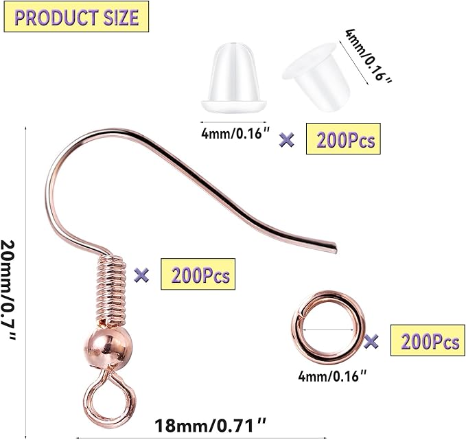 600Pcs Hypoallergenic Earring Hooks, Rose Gold Earring Making Kit, Supplies with Earring Backs and 4mm Jump Rings for Jewelry Making (Rose Gold)