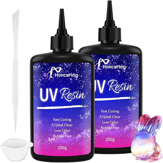 uv resin 500g, clear beginner-friendly kit with silicone tools, upgraded formula & crystal clear for jewlery making, craft, 250g*2 resin uv kit for earring, pendant, diy