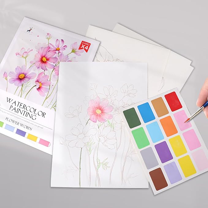 MaiMaiTu 11.5" x 8.5" Watercolor Workbook for Adults, Easy Nature Scenes Paint Coloring Book Paint, Water Coloring Book with 4 Floral Drawings 2 Pigment Card and 1 Brush (Flower Words)