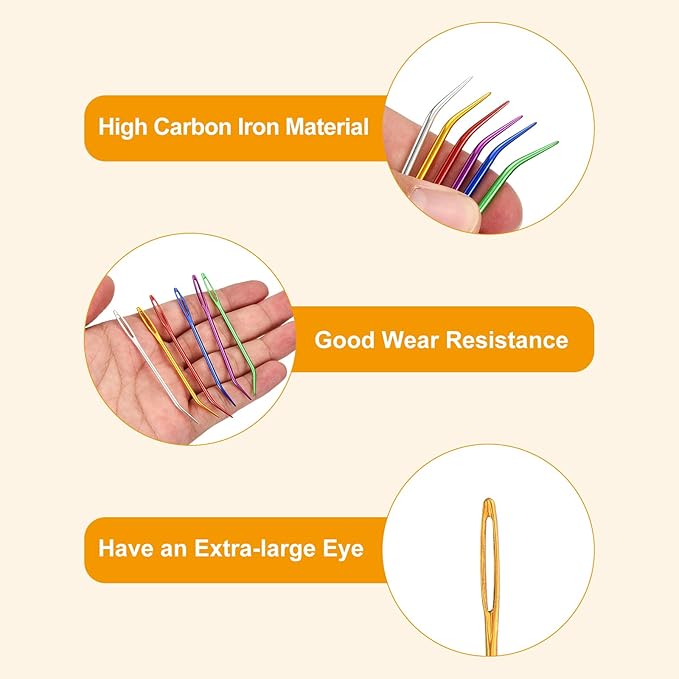 uxcell 8 Pcs Yarn Needle Kit, 3.15 Inch Tapestry Needles Bent High Carbon Iron Large Eye Sewing Darning Needles Hand Sewing Needles with Storage for Hand Sewing Art Crafts, Gold