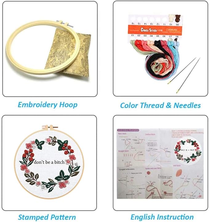 Louise Maelys Cross Stitch Kit Full Range DIY Floral Wreath with Funny Sayimg Embroidery Kit for Beginner