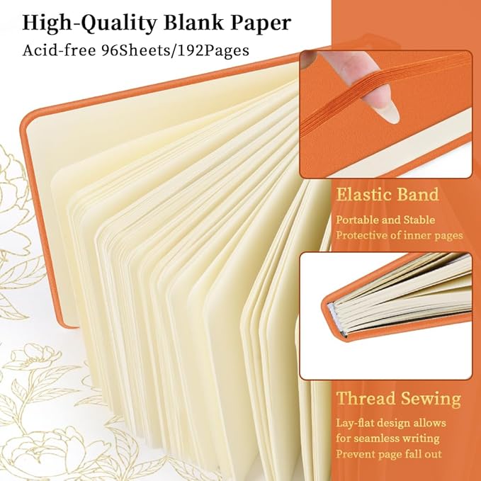 Square 5x5 inches 80gsm 96sheets/192 Pages Notebooks Blank Sketchbooks Travel Journal Pocket Hardcover Paint Writing Diary Memo Planner PU Leather Cover. Orange