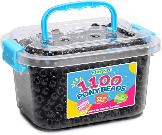 gaganiu pony beads 1100+ pcs – black plastic kandi beads in jar for bracelets, hair braids, jewelry making & diy crafts
