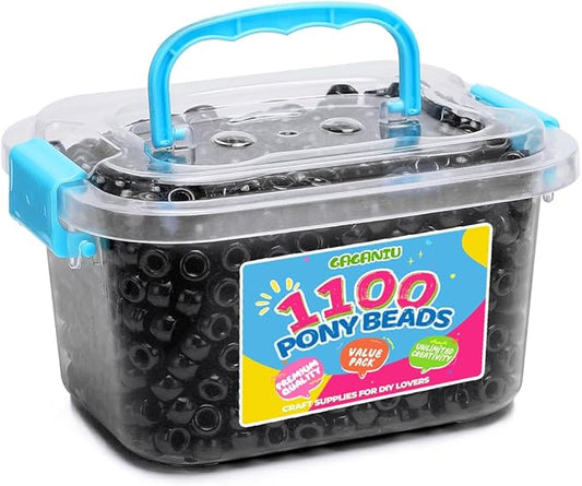 gaganiu pony beads 1100+ pcs – black plastic kandi beads in jar for bracelets, hair braids, jewelry making & diy crafts