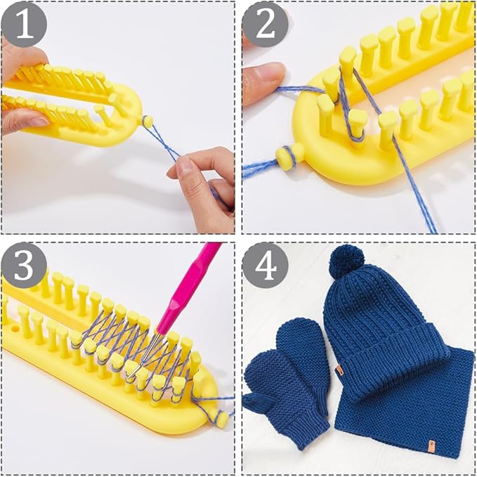 Hobbspring Knitting Loom Set Rectangular Knitting Board Loom Plastic Darning Needle Crochet Yellow Scarf Looms Long Hats Shawl Making Tool DIY Yarn Weaving Kits for Women Adults Beginners 13.9x2in
