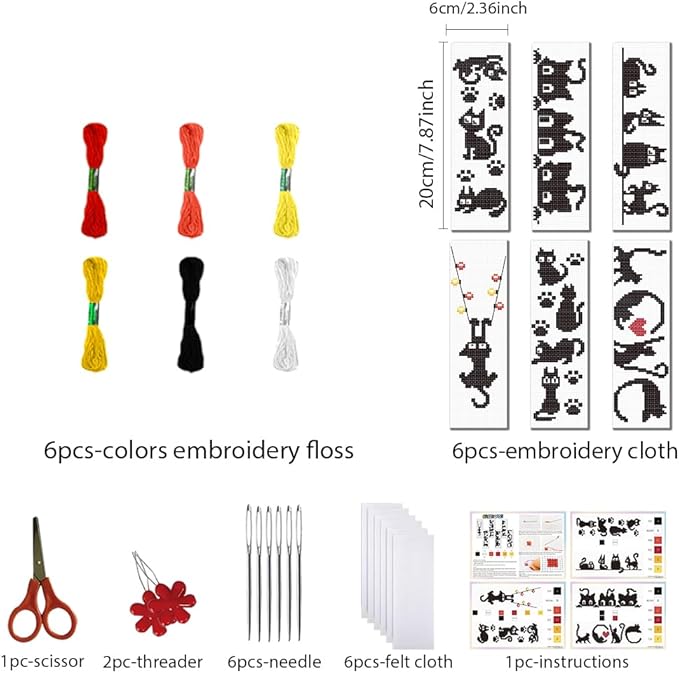 FREEBLOSS 6 Set Cross Stitch Bookmark Kit Stamped Cross Stitch Kit Black Cat Embroidery Set with Instruction for Adults 8''*2.4''
