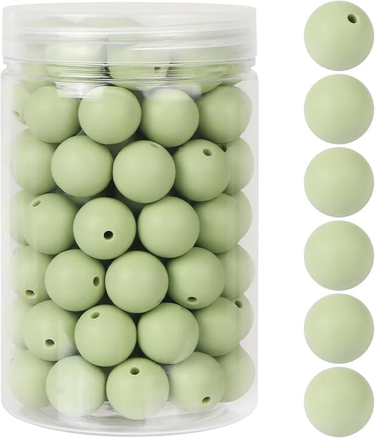 110 Pcs Silicone Focal Beads, EVERMARKET 15mm Silicone Beads for Keychain Making, Round Silicone Beads Bulk with Bottle, Rubber Loose Beads for Pens Crafts Necklace Bracelet Lanyard (Matcha Green)