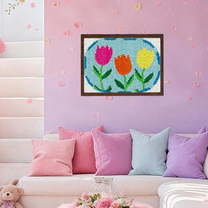 ORIGACH Tulip Latch Hook Rug Kit for Adults Printed Rug Making Kit Handmade Carpet Tapestry Cover with Hook Latch and Preprinted Canvas, Home Arts Crafts Sofa Decor, 20.5x15inch