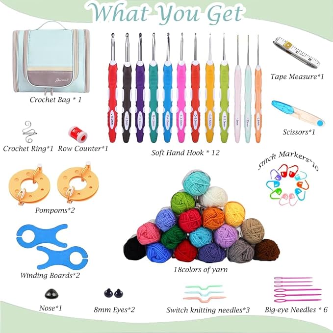 yarniss crochet kits with case, beginner crochet set includes 1050 yards crochet yarn & 12 size ergonomic crochet hooks,mint