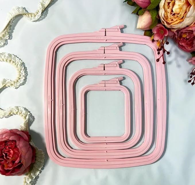 nurge square embroidery hoop - plastic cross stitch frame for needlepoint & embroidery - adjustable craft hoop - pink - set of 4