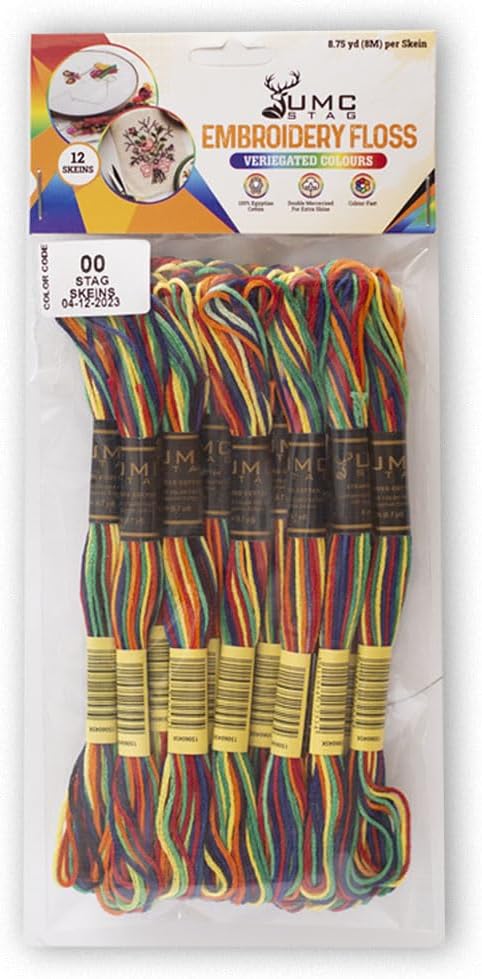 Pack of 12 Premium Embroidery Thread | 100% Egyptian Cotton Premium Skeins | Cross Stitch Embroidery Floss | Oeko TEX Certified | Ideal for Arts & Crafts (Rainbow Variegated 00)