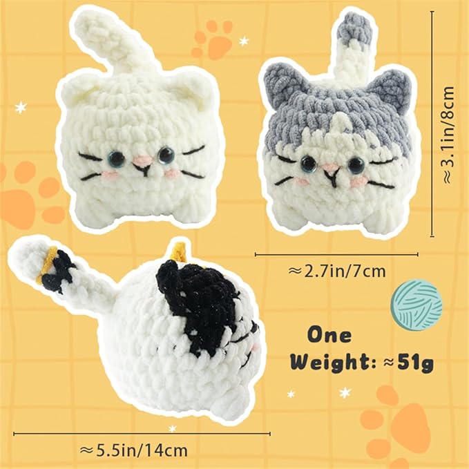 Linhao Jew Crochet Kit for Beginners – Cat Crochet Kit Keychain with Pre-Started Easy Yarn, Step-by-Step Video Tutorials for Adults & Kids DIY Crafts (Kitten)