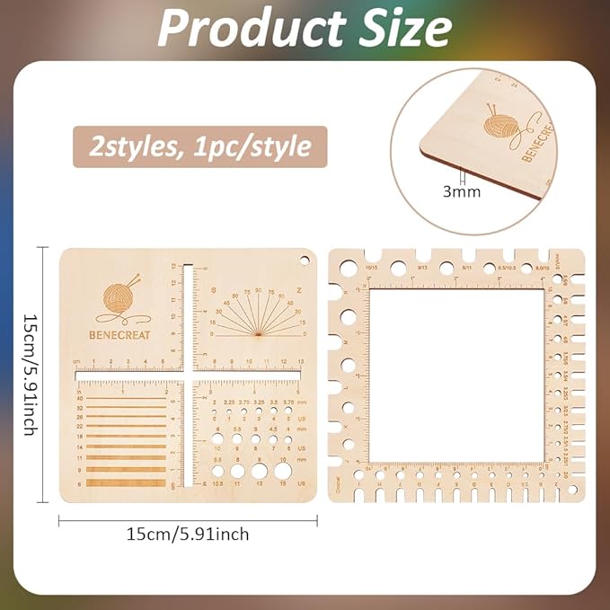 BENECREAT 2Pcs Wooden Swatch Gauge, Knitting Needle Gauge Rulers, Multifunction Knitting Tool for Counting Stitches, Spinners Yarn Measuring Crochet Accessories