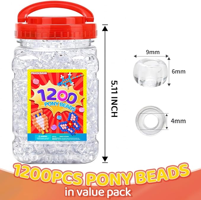 praisebank pony beads, 1200pcs 6x9mm, wholesale beads, bracelets jewelry making, arts & crafts(clear)