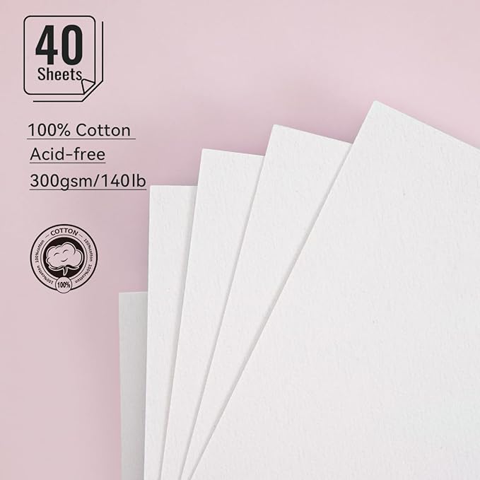 LIGHTWISH Watercolor Paper Bulk, 100% Cotton Cold Press 300gsm/140lb, 2 Pack, Total 40 Sheets A5 Hole-Punched Replaceable Paper for Artists, Adults,Students,5.8 * 8.2 Inches